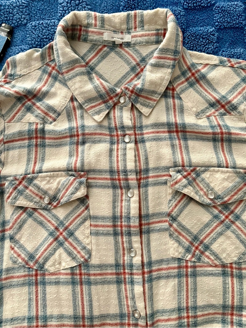Maurices Cream Plaid Button-Down Shirt with Blue & Red Stripes
